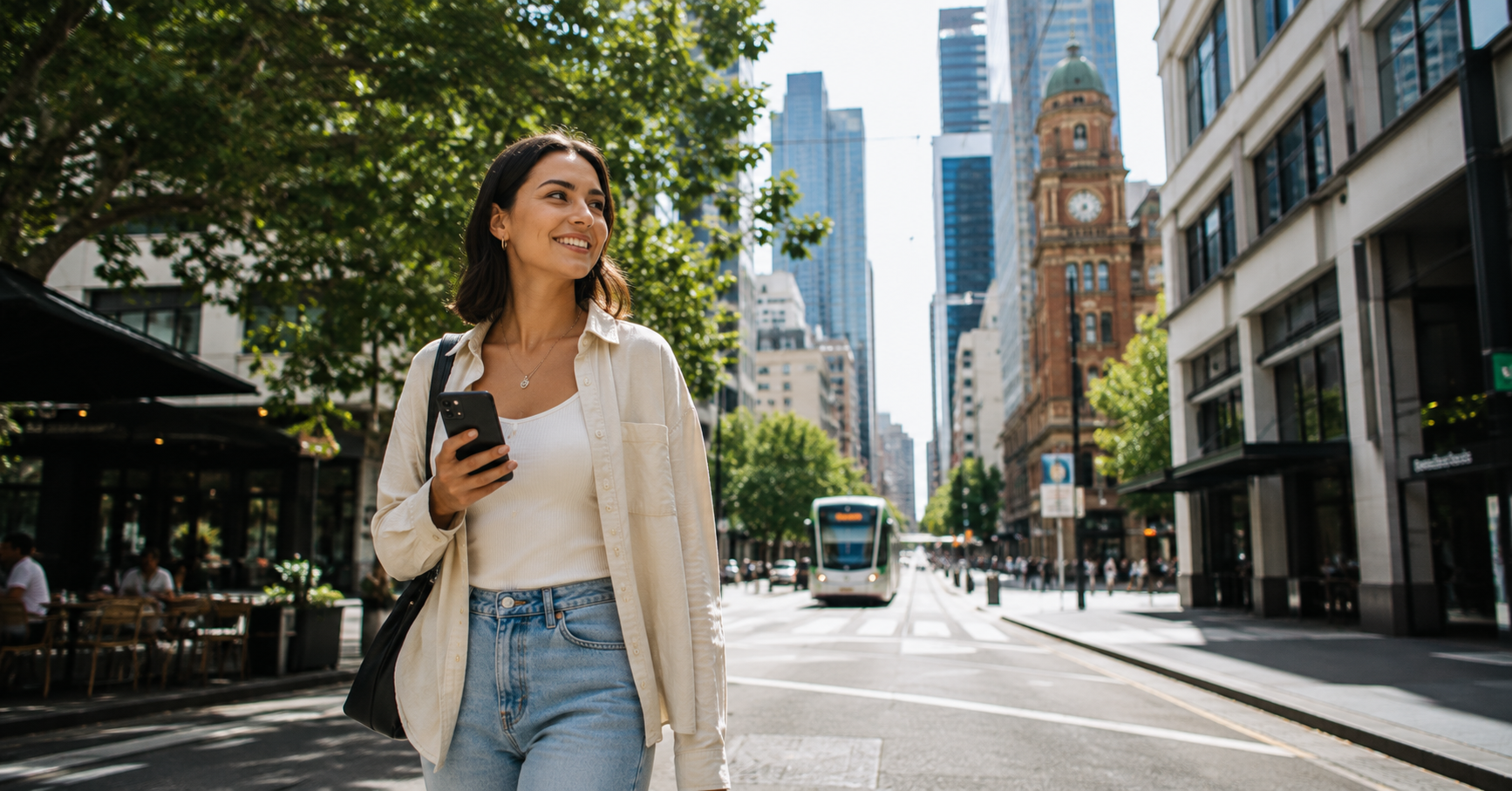 Woman walking in Melbourne city with phone