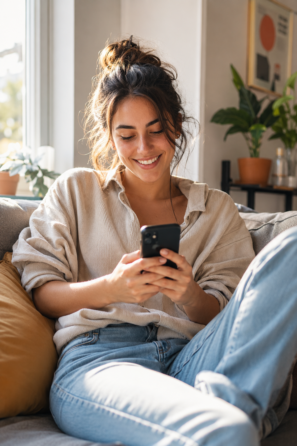 Young woman on phone at home