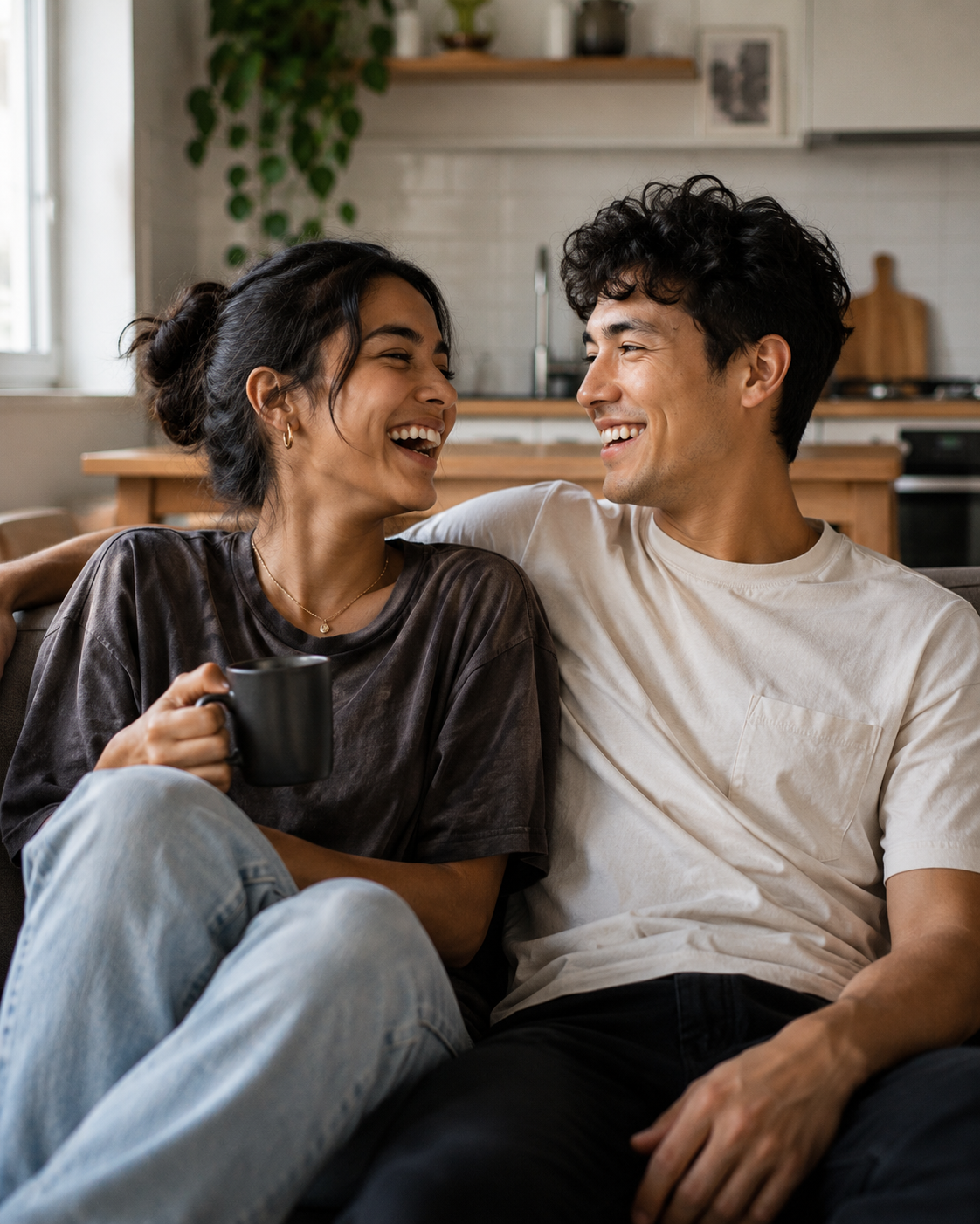 Diverse couple laughing