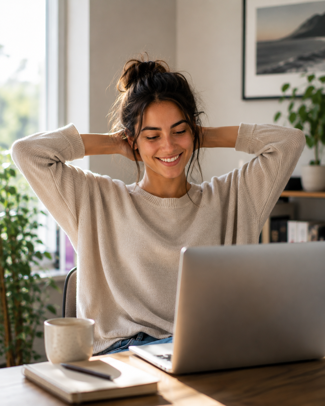 Woman relieved at laptop